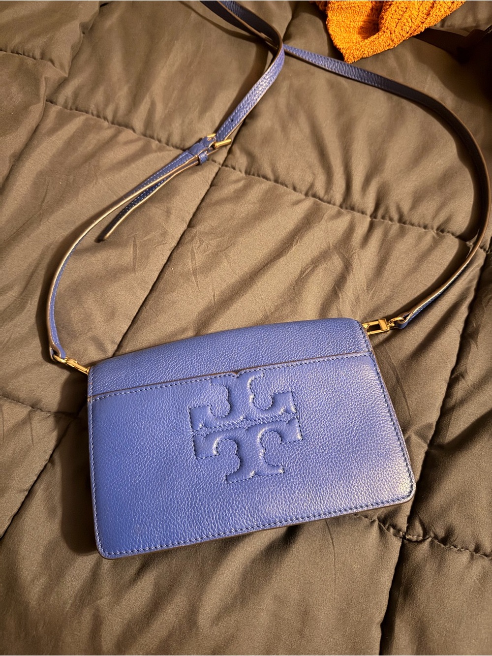 Tory Burch Cobalt Pebbled Leather Crossbody with Embossed Logo